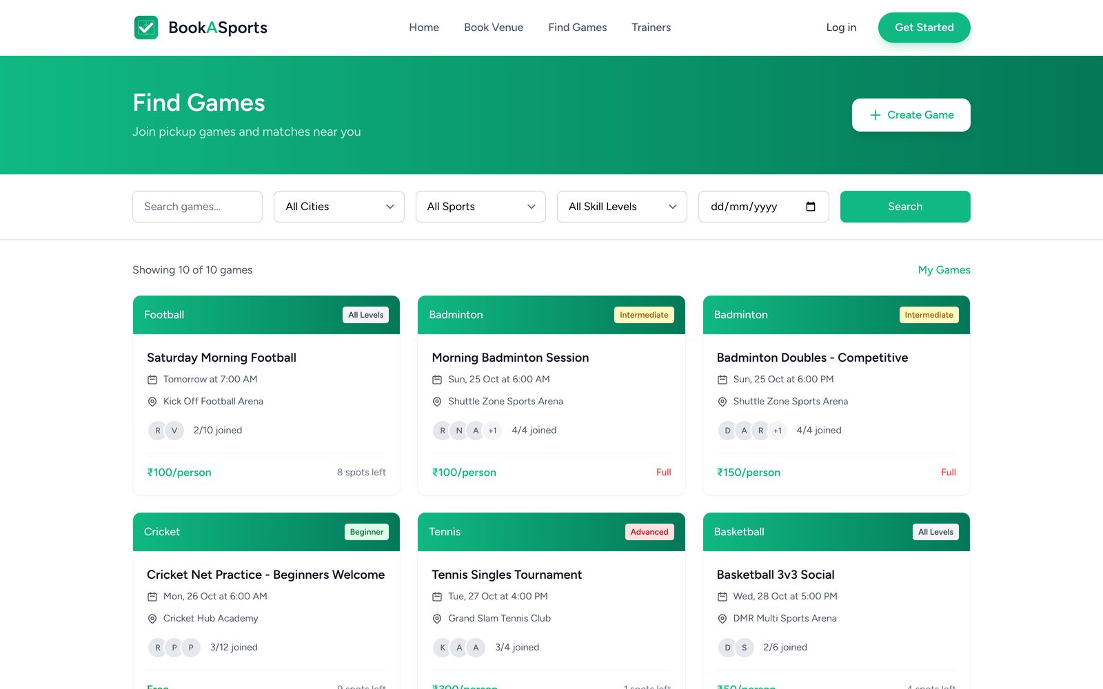 Find games: open games by sport, level, and date