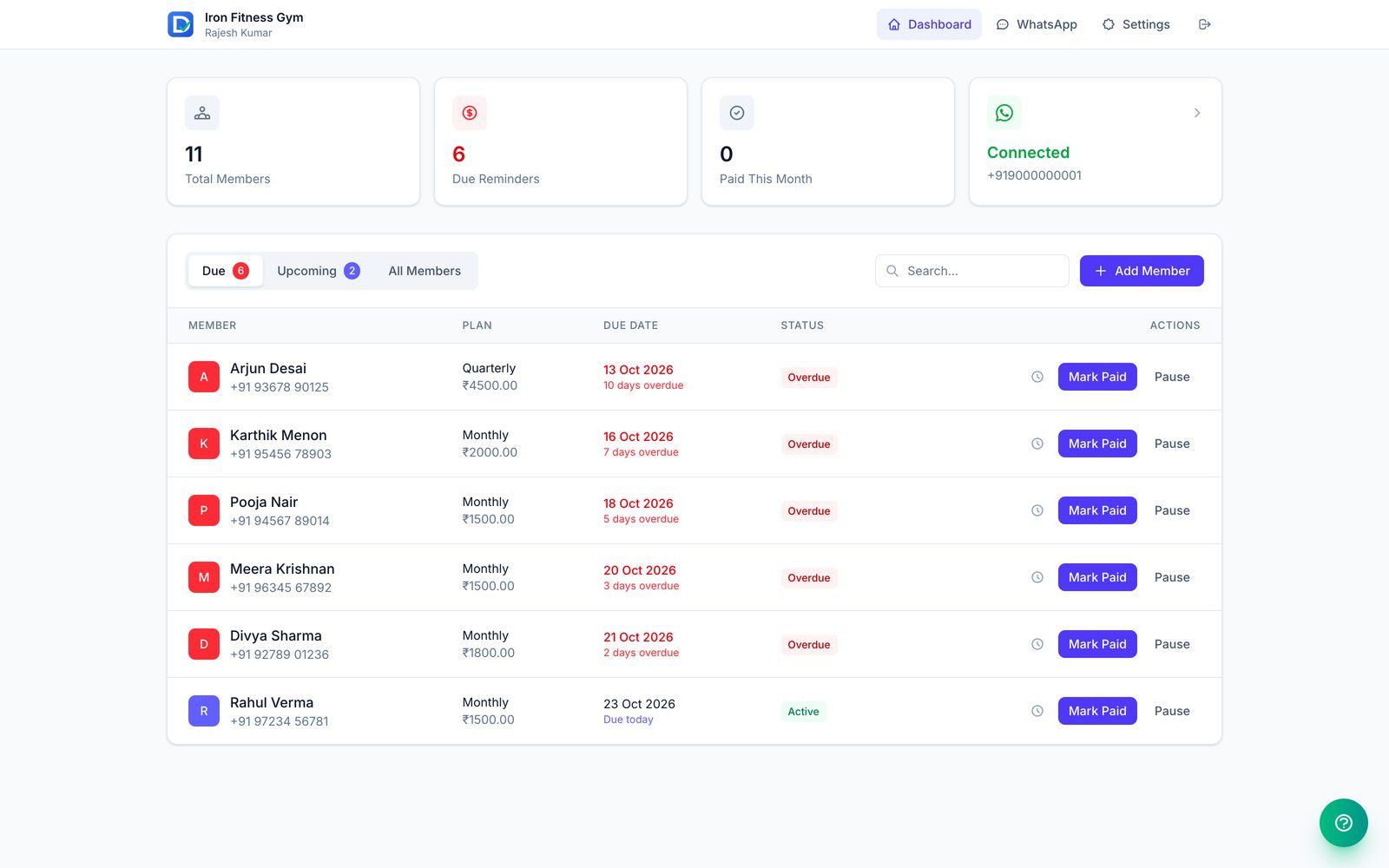 Dashboard: members, reminders due, paid this month, WhatsApp connected