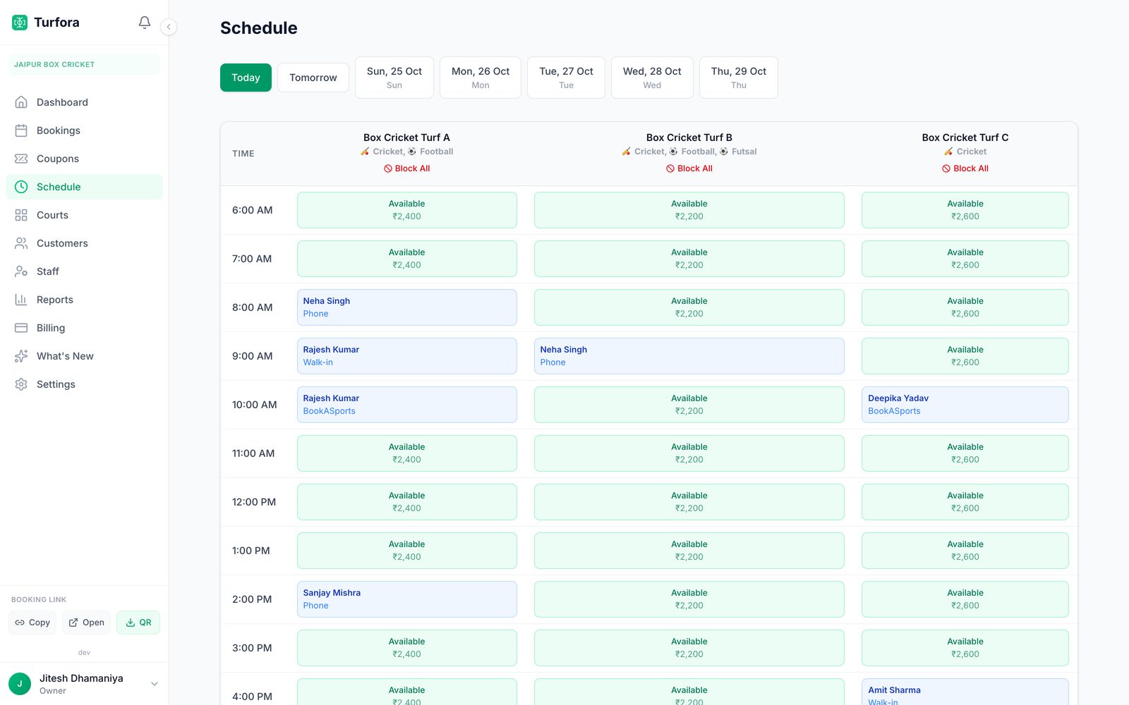 Schedule: every court and slot for the week, with no double bookings