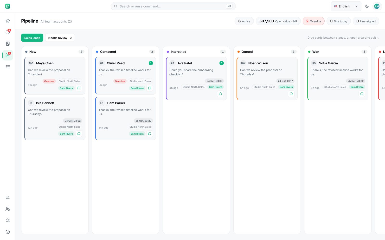 Pipeline: every chat is a lead with an owner and a stage